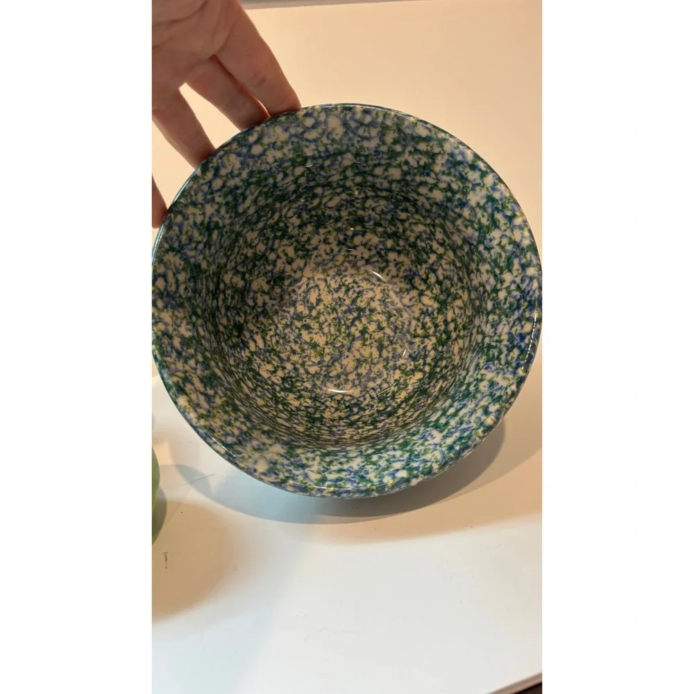 Vintage Spongeware Stoneware Bowl Blue Green Speckled Ceramic with 6 Faux Apples